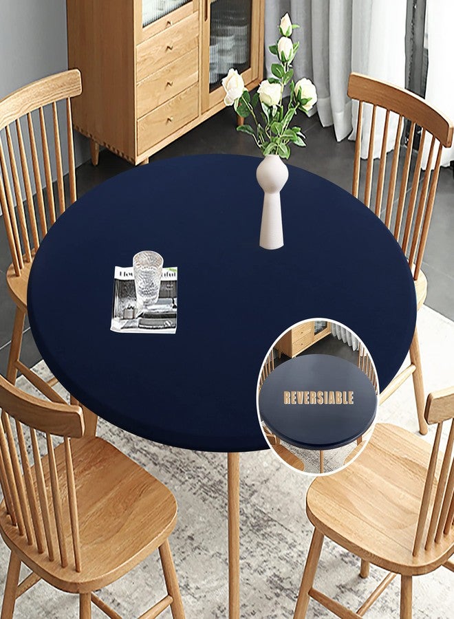 Obstal Fitted Round Table Cloth, Reversible Waterproof Stain Resistant Elastic Stretch Tablecloth, Wipe Clean Table Cover for Outdoor/Indoor Use, Fits Round Tables up to 48" - 56" Diameter, Navy - Image 1
